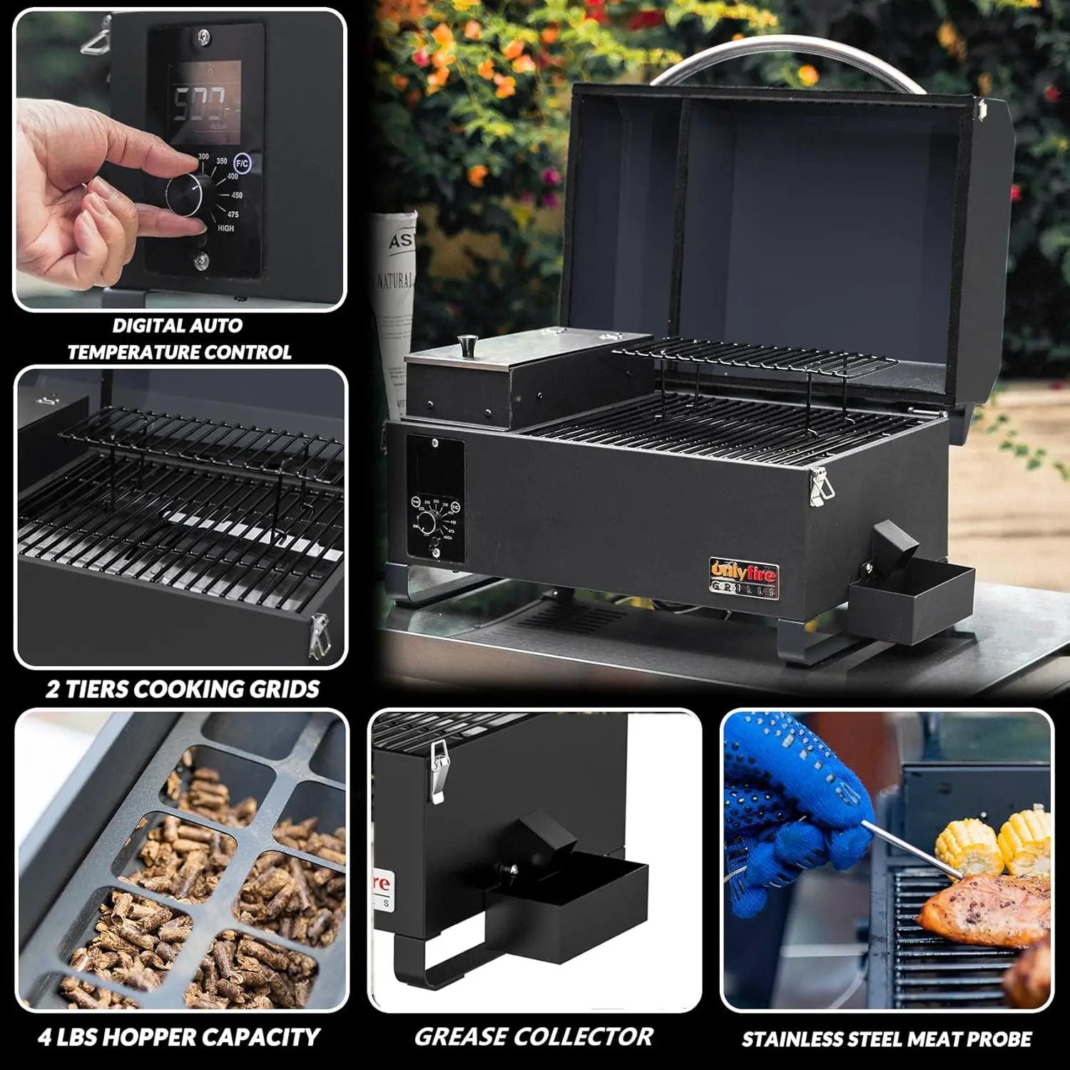 Onlyfire BBQ Wood Pellet Grill Smoker with Meat Probe, 2 Tiers Cooking Area, Portable Tabletop Grilling Stove for Outdoor Kitchen Cooking Smoke and Roast, RV Camping, Black GS314 by GreenHaven Gardens