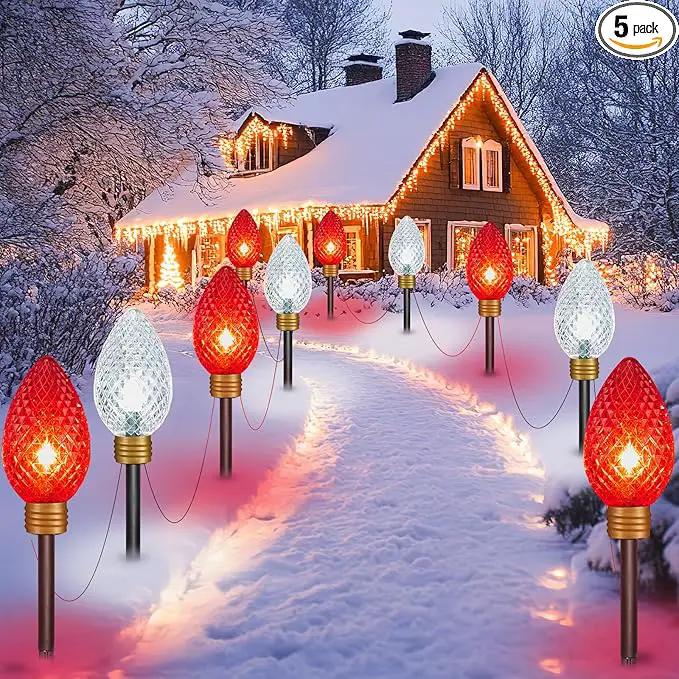 Brightown Strawberry Super Jumbo C9 Christmas Pathway Lights Outdoor - 11 Feet 5 LED Jumbo C9 Pathway Lights, Giant Christmas Lights Outdoor Decorations for Lawn Holiday Yard Outside, Red & White by GreenHaven Gardens