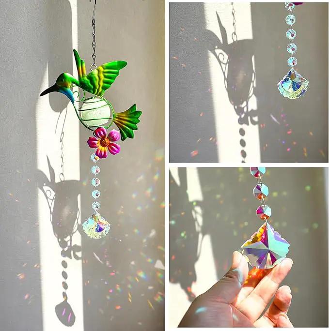 Stained Metal Hummingbird Suncatcher, Window Crystal Prisms Sun Catcher Hanging Ornament Rainbow Maker Bird Garden Wall Art Fence Decorations by GreenHaven Gardens