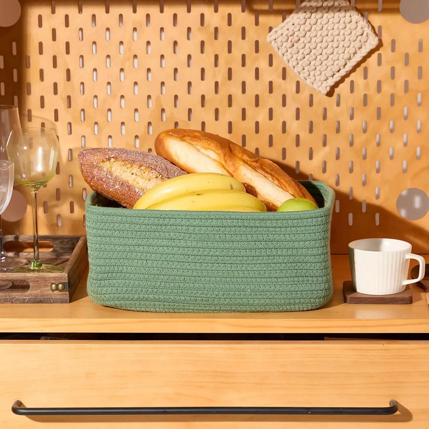 Small Storage Baskets for Organizing | Closet Organizer Bins | Shelf Toy Basket | Woven Rope Baskets | Cube Decorative Box | Shallow Basket | 13x8.5x5.1” | 3 Packs Green by GreenHaven Gardens