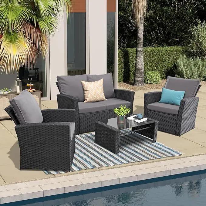 4 Piece Outdoor Patio Furniture Set,Wicker Conversation Sets Outdoor Sectional Patio Sofa Couch with Cushions & Coffee Table for Outside, Garden, Balcony, Porch,Black/Grey by GreenHaven Gardens