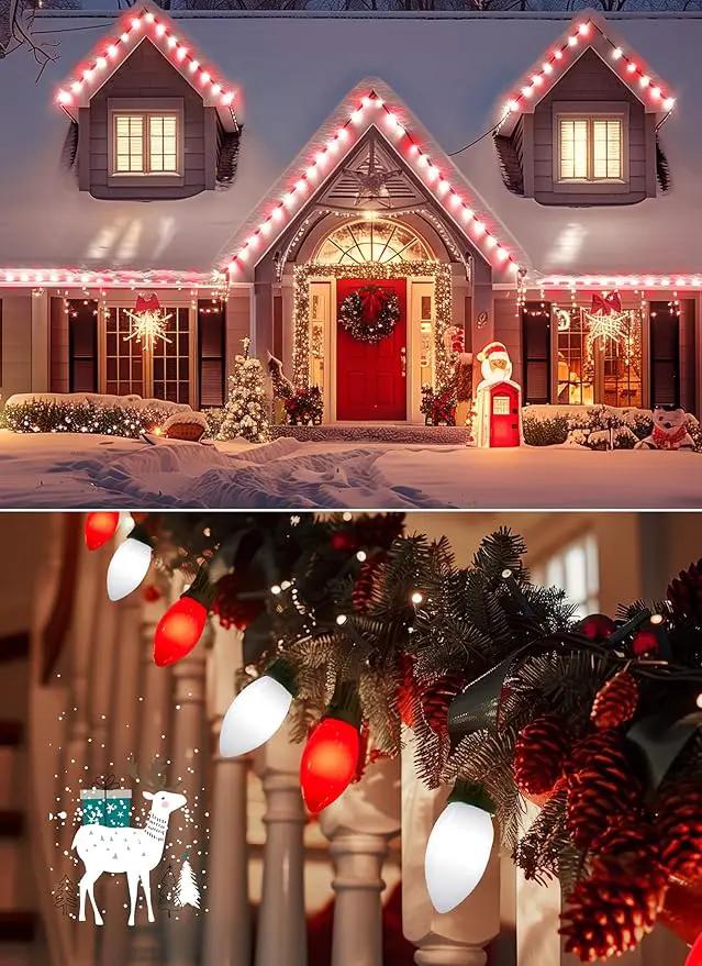 C9 LED Christmas Lights Outdoor, 50 Feet String with 50 Shatterproof Matte Bulbs, Connectable Waterproof Tree Lights for Holiday Roofline Backyard Garden Decor, Red & Pure White by GreenHaven Gardens