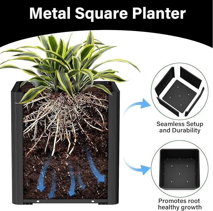 Large Metal Square Planter 24" L x 24" W x 24" H, Heavy Duty Black Large Outdoor Planters with Drainage Hole for Porch/Patio/Garden by GreenHaven Gardens