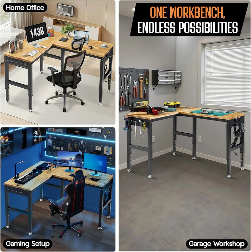 Albott 56"x48" L-Shaped Adjustable Workbench with Storage & Power Strip, Heavy Duty Tool Bench for Woodworking, Garage, Workshop, Home Office, 6000LBS Load, Pegboard & Hooks, ETL Certified by GreenHaven Gardens