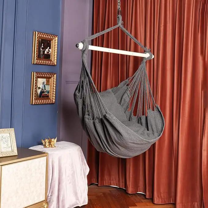 Highwild Hammock Chair Hanging Rope Swing - Max 500 Lbs - 2 Cushions Included - Steel Spreader Bar with Anti-Slip Rings - for Any Indoor or Outdoor Spaces (Grey) by GreenHaven Gardens