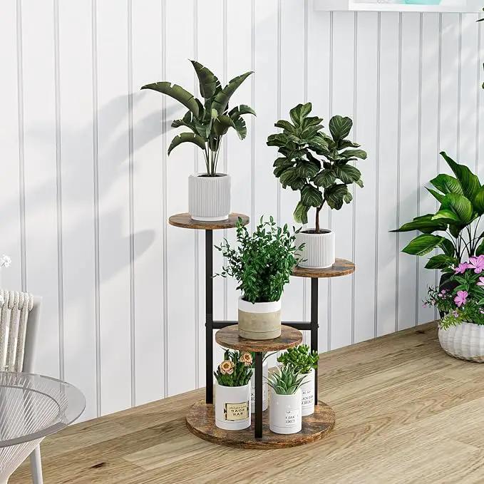 Plant Stand Indoor 4 Tier 5 Potted Multiple Flower Pot Holder for Patio Garden Balcony Living Room Corner (4 Tier Black+Rustic Brown) by GreenHaven Gardens