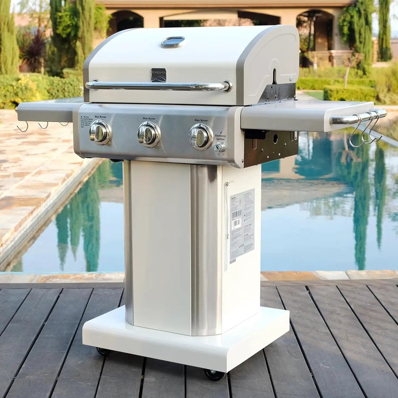 Kenmore 3-Burner Outdoor BBQ Grill | Liquid Propane Barbecue Gas Grill with Folding Sides, PG-A4030400LD-PE, Pedestal Grill with Wheels, 30000 BTU, Pearl White by GreenHaven Gardens