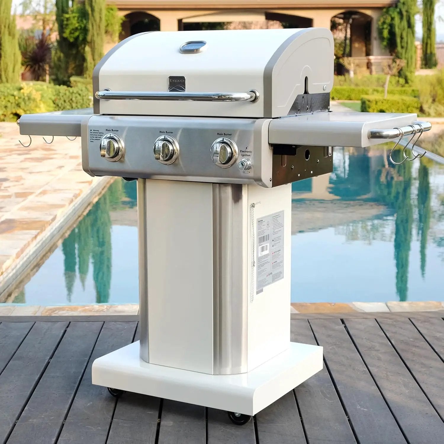 Kenmore 3-Burner Propane BBQ Grill, 30,000 BTUs Gas Grill with Cast Iron Cooking Grates, Folding Side Tables & Wheels, Outdoor Grill with Tool Hooks, Pearl White + Bonus Cover by GreenHaven Gardens