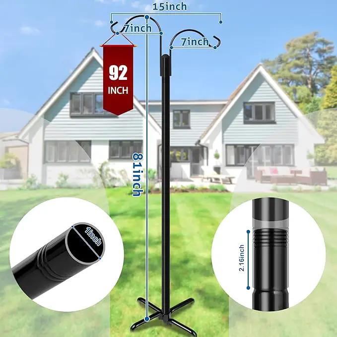 Ottsuls Double Shepherds Hooks for Outdoor, 92 Inch Bird Feeder Pole with 5 Prong Base, Upgrade 1 INCH Thick Heavy Duty Planter Hook for Hanging Baskets, Lantern,1 Pack by GreenHaven Gardens