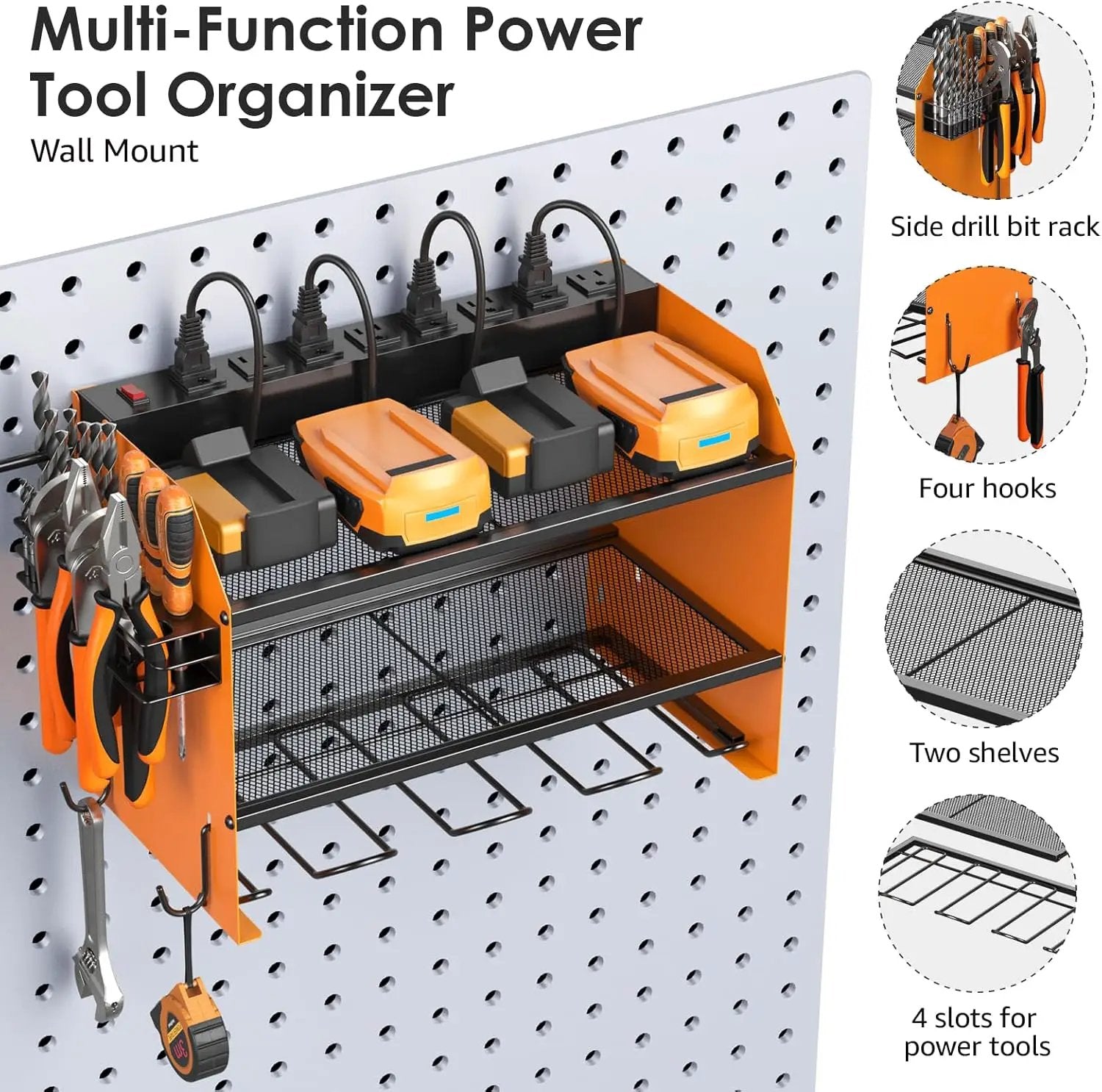 CCCEI Modular Power Tool Organizer Wall Mount with Charging Station. Garage 4 Drill Storage Shelf with Hooks, Drill Bit Heavy Duty Rack, Orange Tool Battery Holder Built in 8 Outlet Power Strip. by GreenHaven Gardens