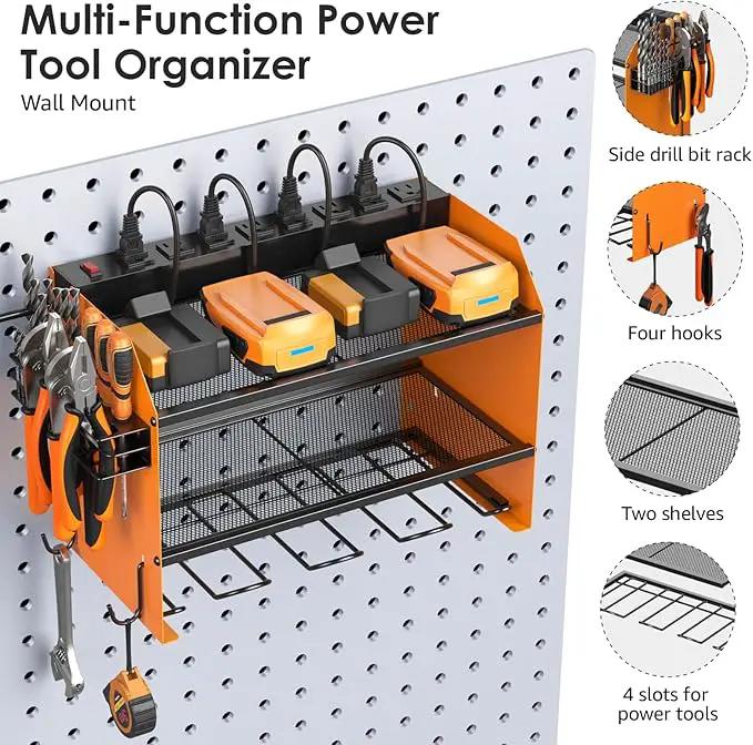CCCEI Set Power Tool Organizer Wall Mount with Charging Station. Garage 4 Drill Storage Shelf with Hooks, Heavy Duty Metal Tool Battery Charger Organizer. Shop Utility Rack with Power Strip Orange. by GreenHaven Gardens