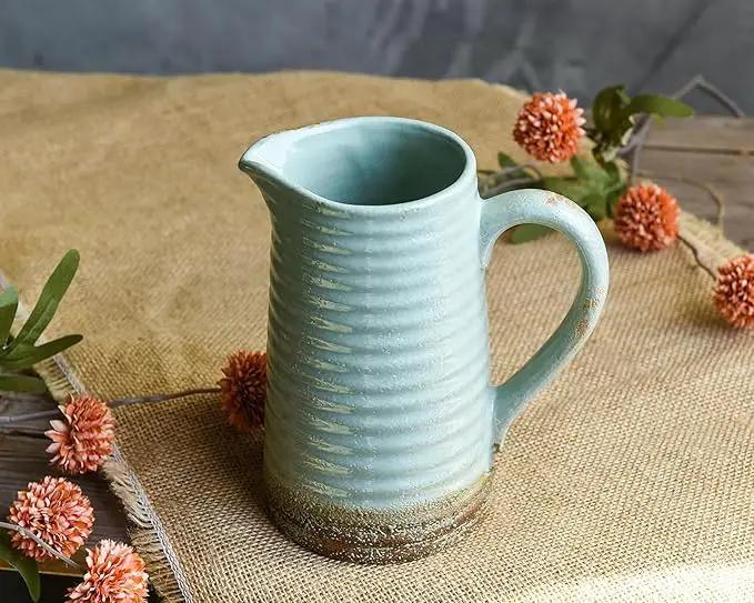Quoowiit Ceramic Rustic Vase with Handle, Green Distressed Decorative Farmhouse Pitcher Vase for Home Decor Living Room Bedroom Kitchen Office Shelf Decor Centerpiece Table Decoration by GreenHaven Gardens