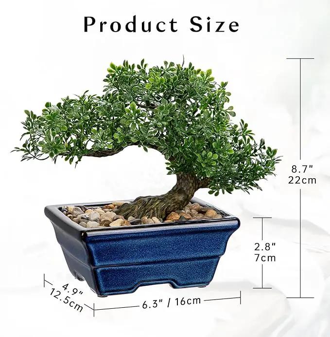 Artificial Bonsai Tree Faux Plants Indoor Fake Plants Decor with Blue Square Ceramic Pots for Home Table Office Desk Bathroom Shelf Bedroom Living Room Farmhouse Decorations by GreenHaven Gardens