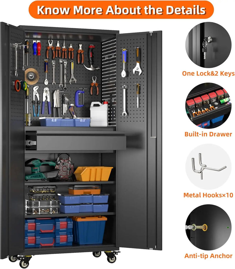 Aobabo Metal Storage Cabinet with Wheels and Adjustable Pegboard, Steel Rolling Tool Cabinet with 16 Hooks and 1 Interior Drawers for Garage, Home, Office, Kitchen, Black, Assembly Required by GreenHaven Gardens