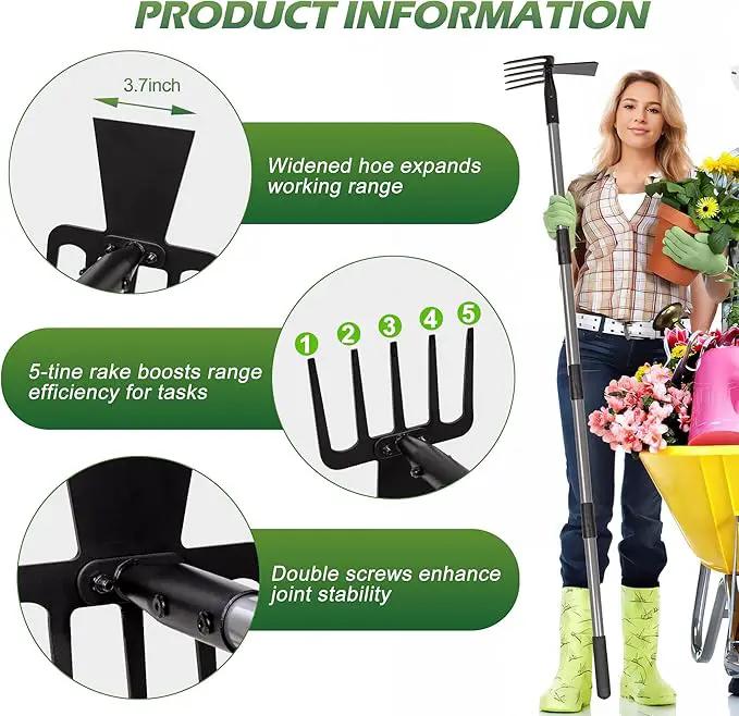 Walensee 2 in 1 Hoe Garden Tool, 63 Inch Garden Hoe Cultivator and 5-Tines Rake with 37-63 Inch Adjustable Long Handle, Weeding Tools Hand Tiller for Yard Lawn Flower Beds Planting Gardening Digging by GreenHaven Gardens