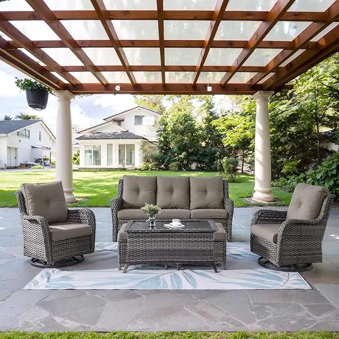 Wicker Outdoor Furniture Patio Furniture Set - 6 Piece Patio Conversation Set with Swivel Rocker Chairs, Rattan Sofa, Ottomans and Coffee Table, Gray Cushion by GreenHaven Gardens