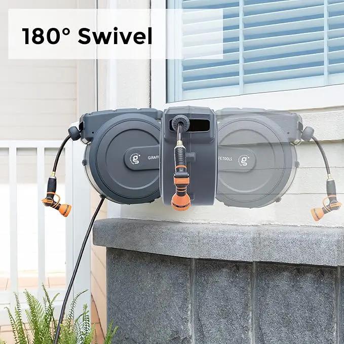 Giraffe Tools AW30 1/2MB Retractable Garden Hose Reel 1/2" x 100 ft PRO Metal Bracket, Heavy Duty, Any Length Lock Hose Reel, 100 ft, Dark Grey by GreenHaven Gardens