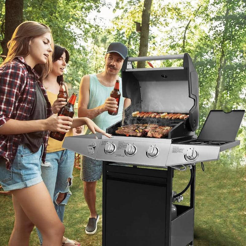 3 Burners Gas Grill with Side Burner, Propane Grill with Wheels and Storage, Outdoor Gas BBQ with Oil Tray and Thermometer for Patio and Party, 37000 BTU by GreenHaven Gardens
