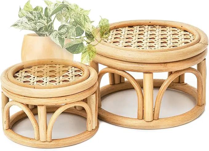Set of 2 Small Boho Rattan Wicker Round Riser Plant Stand Indoor,Rustic Farmhouse Natural Wooden Circle Pedestal for Decor & Display, Tabletop, Office Decor by GreenHaven Gardens