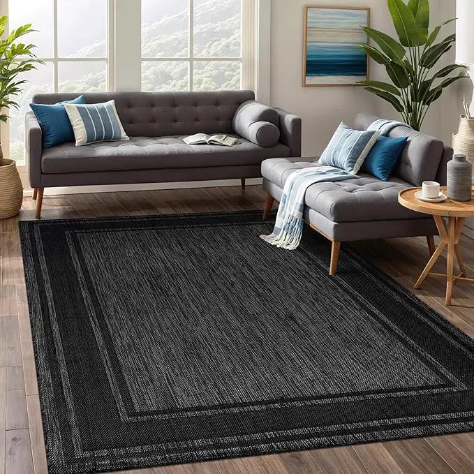 Beverly Rug Large Outdoor Rug 9x12 Modern Bordered Area Rugs for Indoor and Outdoor Patio Deck Porch Garden Waterproof Weather Sun Resistant Washable Outside Carpet (9 x 12 Black) by GreenHaven Gardens