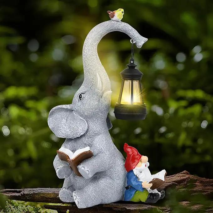 Solar Outdoor Garden Statues Lights, Elephant Figurines with Cute Gnome Garden Sculpture Decor, Luck Elephant Gifts for Woman Mother or Daughter, Unique Housewarming Gifts and Yard Decor by GreenHaven Gardens