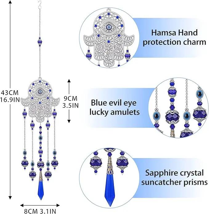 Crystal Prism Suncatcher Ornament with Hamsa Fatima Hand Protection Charm Turkish Greek Blue Evil Eye Sapphire Crystals Beads for Window Hanging Decoration by GreenHaven Gardens