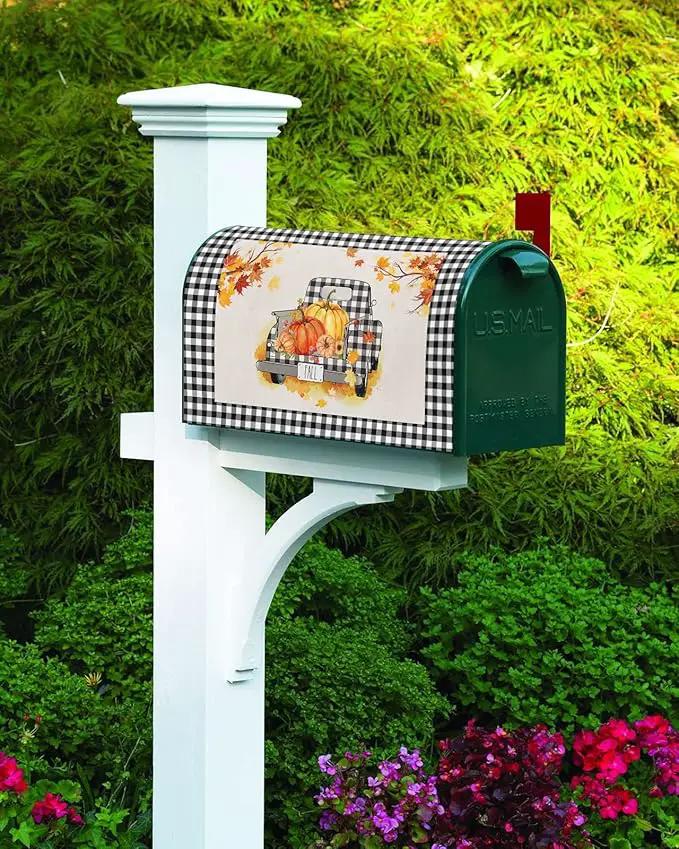 Magnetic Mailbox Cover Oversized 21"x25.5" Fall Black and White Buffalo Plaid Truck with Pumpkins Post Box Cover Mailbox Wraps Post Letter Box Cover for Holiday Garden Yard Outdoor Decor by GreenHaven Gardens