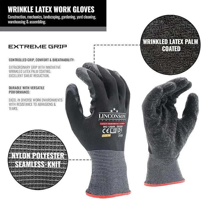 linconson 12 Pack Safety Performance Series Construction Mechanics Wrinkle Latex Work Gloves by GreenHaven Gardens