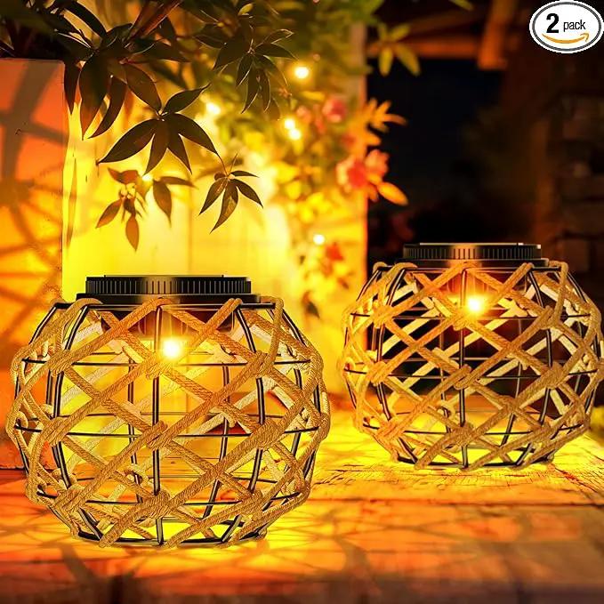JSOT Solar Lantern - 2 Pack Hemp Rope Hanging Lights Outdoor Lanterns Wall Lanterns Hanging Solar Lamps for Front Porch Patio and Yard by GreenHaven Gardens