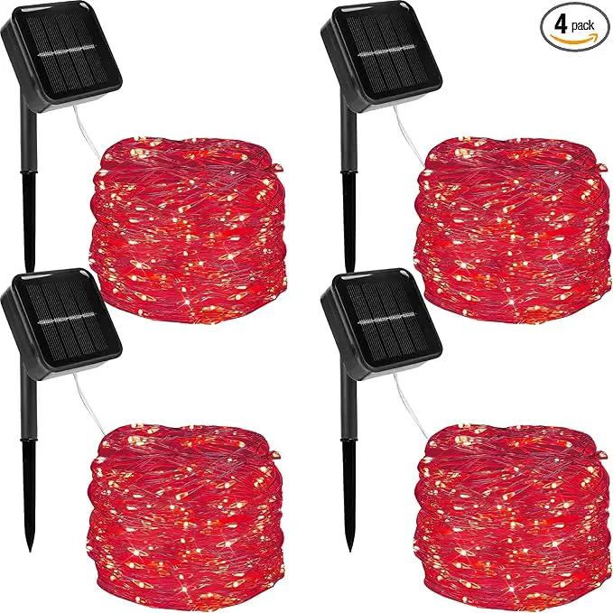 Twinkle Star 4 Pack Outdoor Solar String Lights, Total 160 FT 480 LED Solar Powered Valentines Day Decorative Fairy Lights with 8 Modes, Waterproof Silver Wire Light for Christmas Wedding Party, Red by GreenHaven Gardens