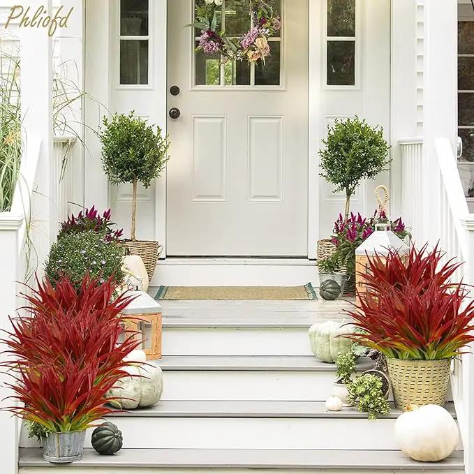 6Pcs Artificial Grass Fake Plants 17.3in Outdoor Plants UV Resistant Greenery Stems Fake Grass for Home Window Garden Office Patio Pathway Front Porch Christmas Décor Light Green & Red by GreenHaven Gardens