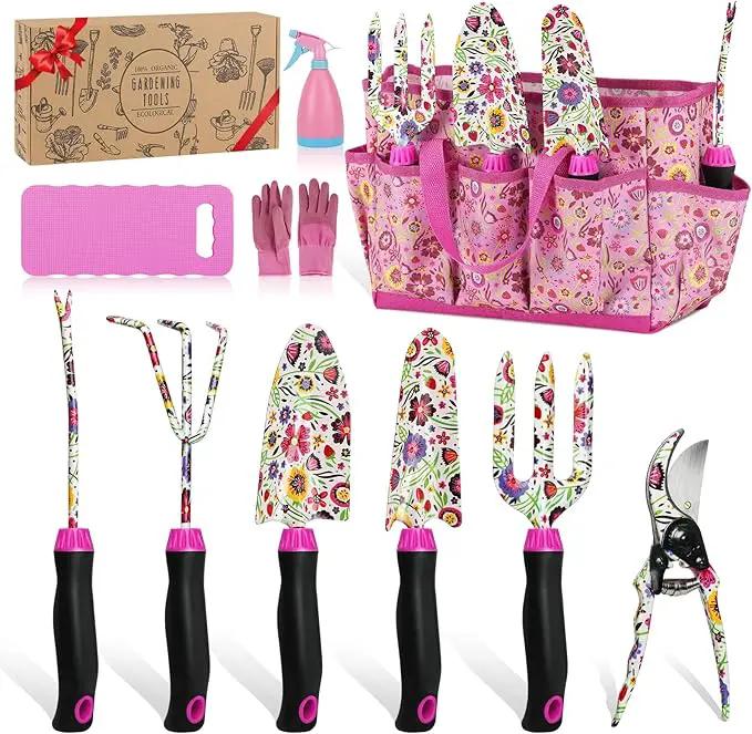 Gardening Tools Set, 10 PCS Stainless Steel Heavy-Duty with Non-slip Soft Rubber Handle with Large Garden Bag, Floral Pattern Gardening Tool Set Gifts for Women Birthday Mother's Day, Pink by GreenHaven Gardens