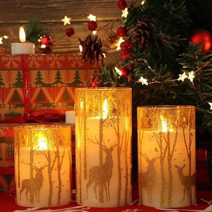 Christmas Deer Flameless Candles with Remote Timer, Glass Battery Operated Pillar Candles with Gold Elk Decor, LED Flickering Candles with 3D Wick and Real Wax for Winter Christmas Home Decor by GreenHaven Gardens