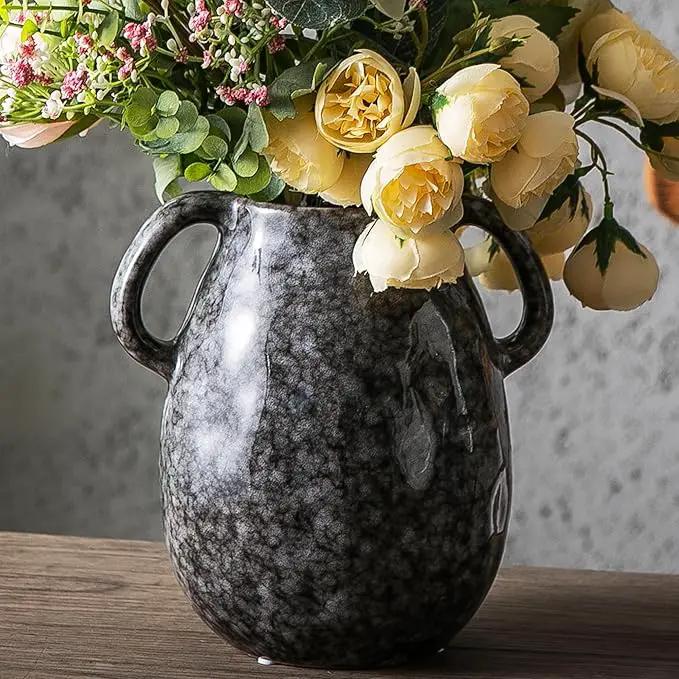 Ceramic Modern Farmhouse Vase with 2 Handles, Black Ceramic Vases for Home Decor, Rustic Pottery Vase, Decorative Terracotta Flower Vase, Boho Clay Vase for Table Living Room Shelf Mantel Decor by GreenHaven Gardens