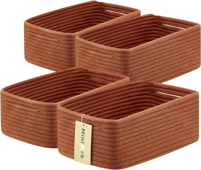 Small Storage Baskets for Organizing | Closet Organizer Bins | Shelf Toy Basket | Woven Rope Baskets | Cube Decorative Box | Shallow Basket | 13x8.5x5.1” | 4 Packs Oxide Red by GreenHaven Gardens