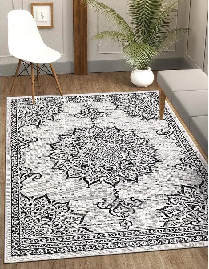 CAMILSON Outdoor Rug, 8x10 Medallion White Black Modern Area Rugs for Indoor and Outdoor Patios, Kitchen and Hallway Mats, Washable Porch Deck Outside Carpet (Medallion White, 8 x 10) by GreenHaven Gardens