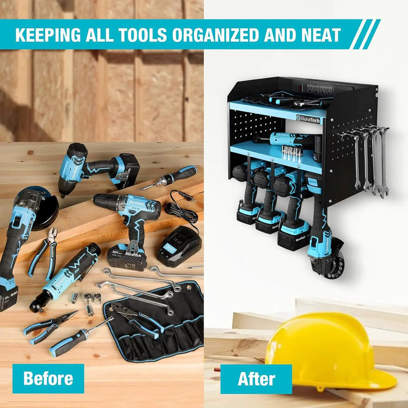DURATECH Power Tool Organizer Wall Mount with Power Strip, Carbon Steel, Blue, 16.8in Width, 10.9in Depth, 14in Height by GreenHaven Gardens