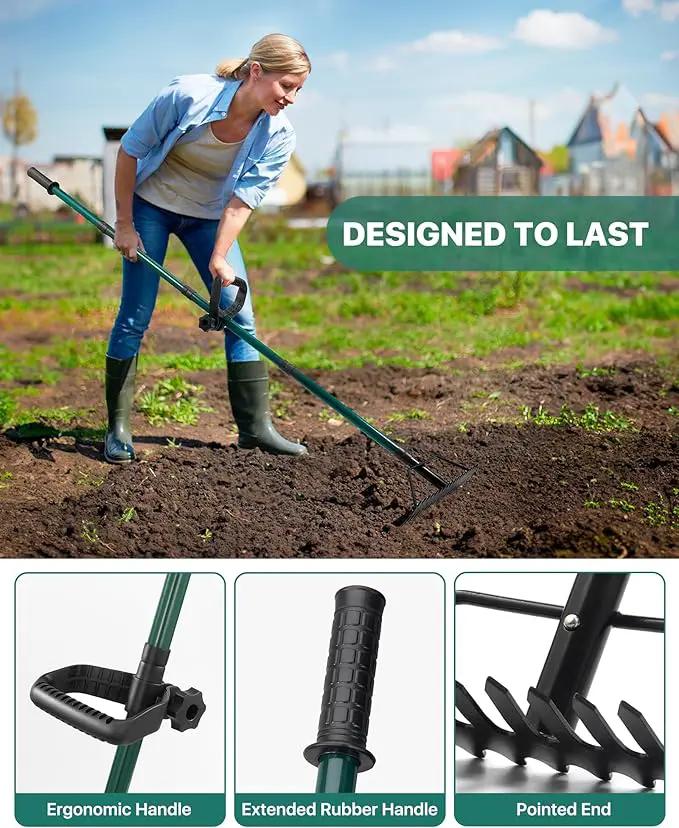 Garden Rake, 17'' Thatch Rake Heavy Duty with 63'' Long Back-Saving Adjustable Handle, Heavy Duty Metal Garden Tool for Loosening Leveling Soil, Gathering Leaves Grass, Weeding by GreenHaven Gardens