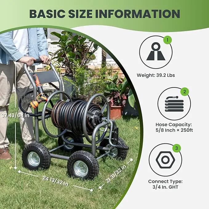 Giraffe Tools Hose Reel Cart, Hose Cart with Wheels Heavy Duty, Industrial Hose Reels for Outside, 250-Feet of 5/8" Hose Capacity, Hose Guide Pre-Installed by GreenHaven Gardens