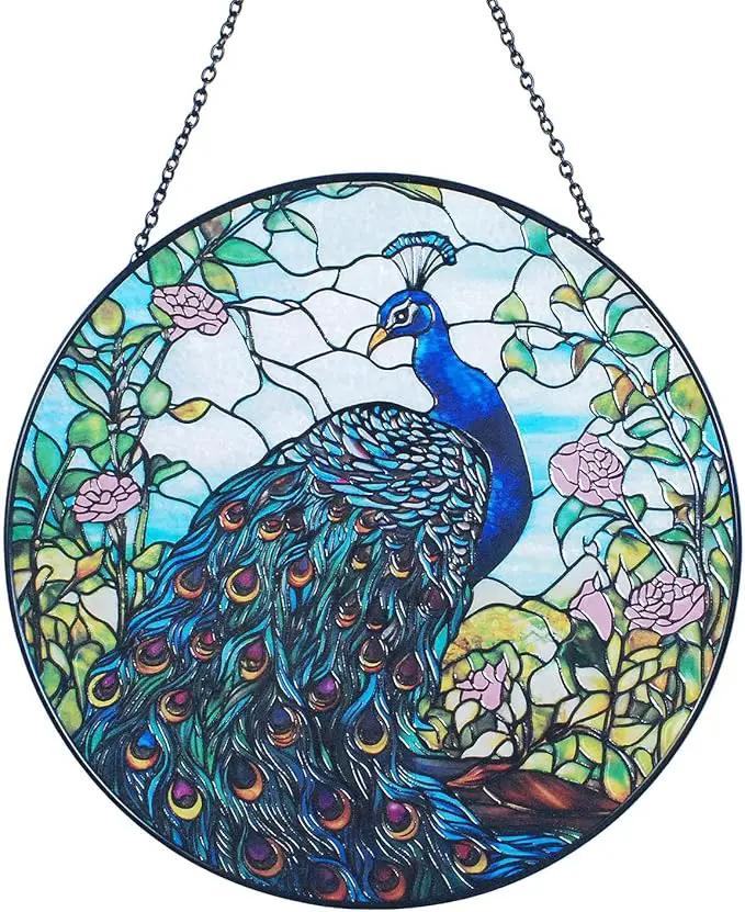 7.8'' Peacock Decor Suncatcher Stained Glass - Originally Designed Peacock Suncatchers for Sun Catchers Indoor Window | Gifts for Peacock Lovers Painted Glass Panel Decor Themed Gift by GreenHaven Gardens