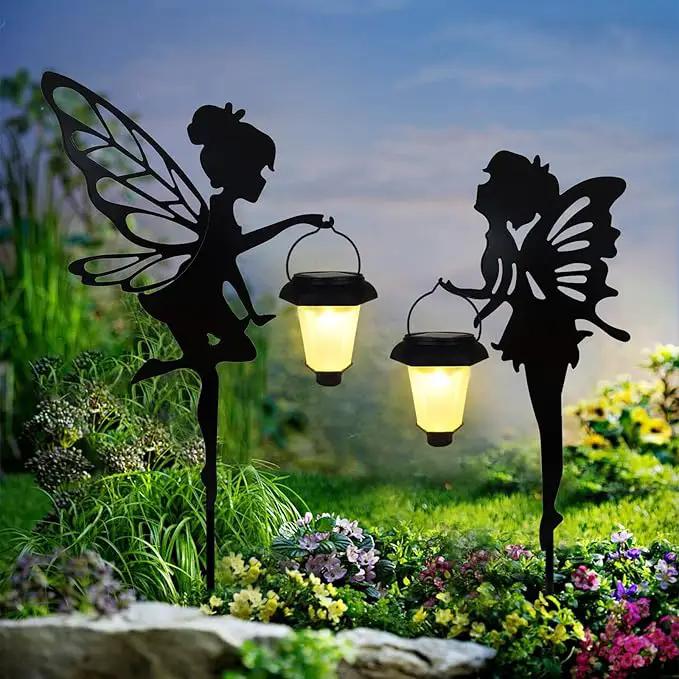 Solar Fairy Garden Stake Decorative Lantern, 2 Pack Metal Fairy Angel Garden Silhouette Lights for Lawn, Pathway, Patio, Yard Outdoor Decor by GreenHaven Gardens
