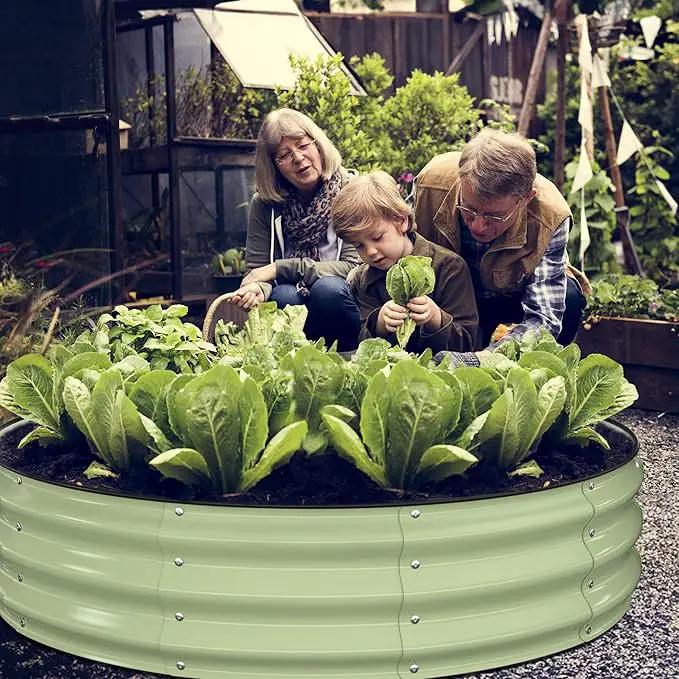 Raised Garden Bed Kit, 4x4x1 ft Round Galvanized Planter Box Outdoor with Safety Edging, Large Metal Raised Beds for Gardening Vegetables Flower Fruits (Avocado Green) by GreenHaven Gardens