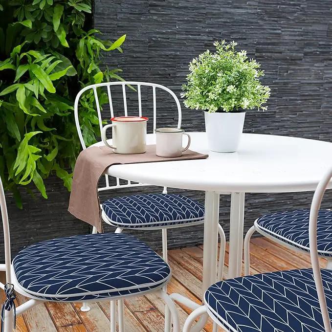 Indoor/Outdoor Chair Cushions 16x17 Inch, Patio Chair Cushions with Ties, All Weather Seat Cushions for Patio Furniture Home Garden Chair Use, Set of 4, Herringbone Navy by GreenHaven Gardens