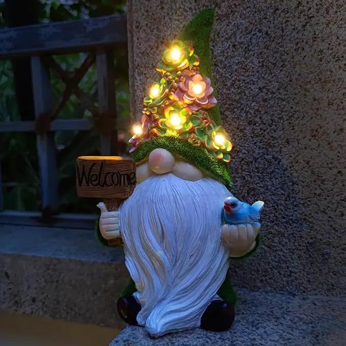 Solar Gnomes Garden Statues,Resin Gnome Figurine Holding Welcome Card and Bird with Solar Lights, Outdoor Gnomes Decorations for Yard Patio Lawn Porch, Garden Gifts by GreenHaven Gardens