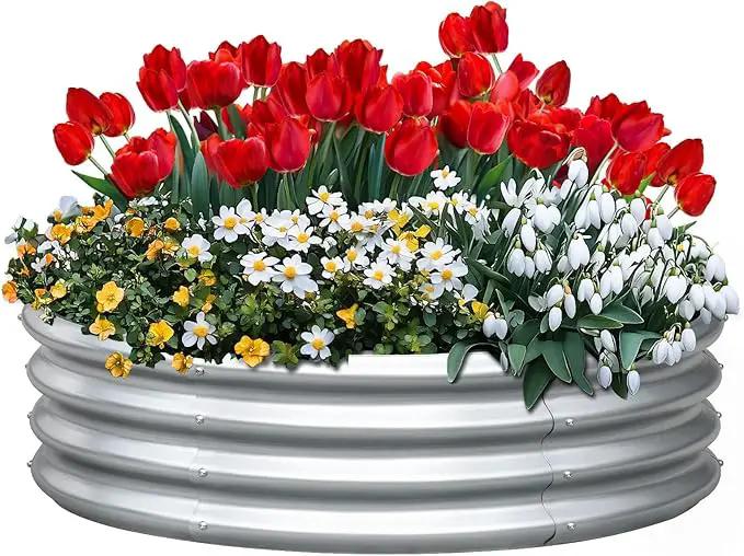 KING BIRD Raised Garden Bed Galvanized Round Planter Box Outdoor for Gardening, Plants, Vegetables, Flowers, Silver, 47x47x12 in by GreenHaven Gardens