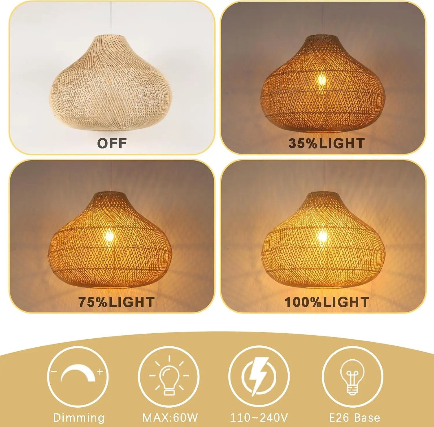 Large Rattan Pendant Light, 19.7" Rattan Boho Wicker Chandelier Hand-Woven Basket Pendant Light Fixtures for Dining Room Kitchen Island Living Room by GreenHaven Gardens