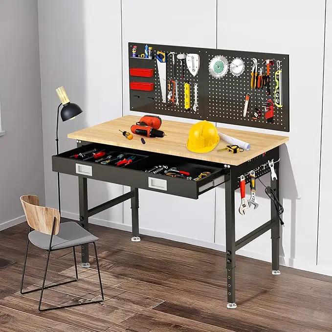 48" Workbench with Drawers, Adjustable Height Work Bench 2000 LBS Heavy-Duty Work Table Rubber Wood Work Station with Power Outlet & Pegboard for Garage, Office, Workshop, Home, Party Shop by GreenHaven Gardens
