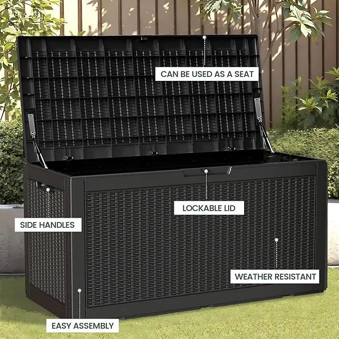 100 Gallon Storage Box, Waterproof Resin Deck Box with Hydraulic Piston Design, Lockable Storage Bench for Package Delivery, Storage Bin for Patio Cushions, Garden Tools, Black by GreenHaven Gardens
