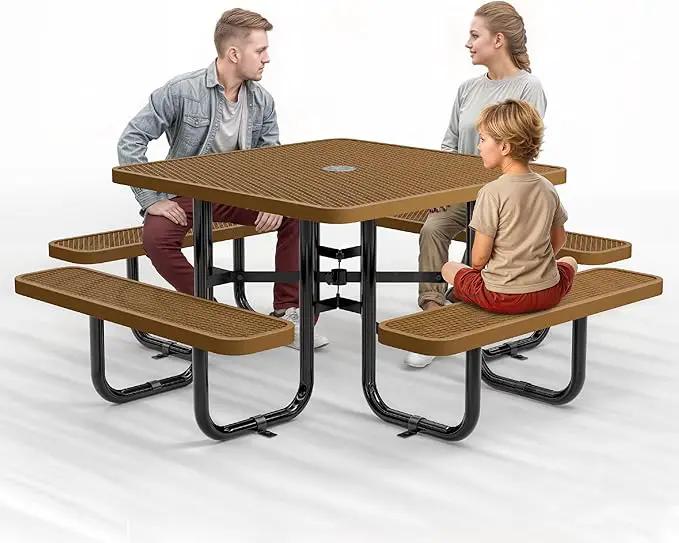 Metal Picnic Tables for Outdoors with Umbrella Hole - Coated Steel Heavy Duty Commercial Grade Table with Adjustable Seats (Brown, 46 in, Square, Expanded Steel) by GreenHaven Gardens