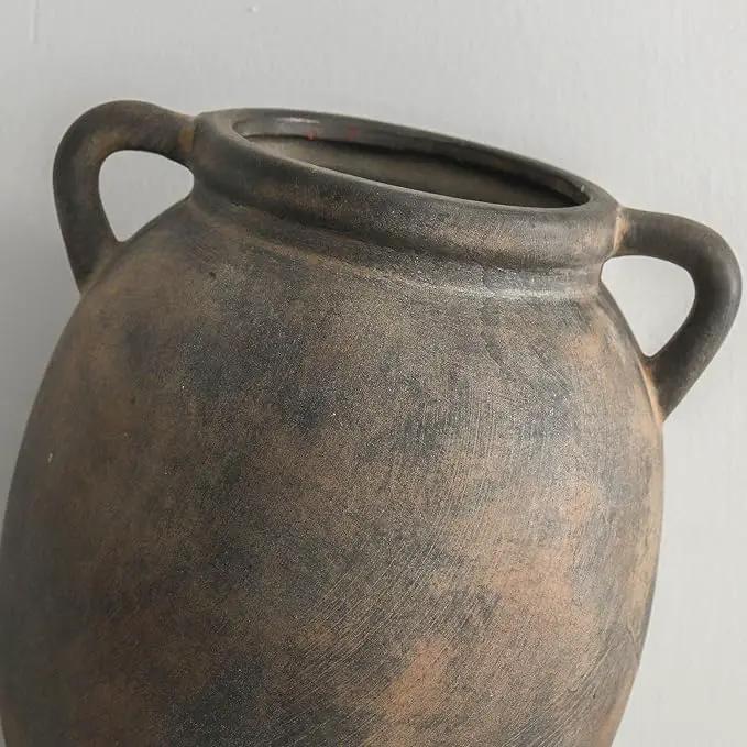 Ceramic Flower Vase 7.6 inch Farmhouse Rustic Vase Decorative Pottery Terracotta Vases for Home Decor Table Mantle Fireplace Living Room Bathroom Wedding Centerpiece (Black) by GreenHaven Gardens
